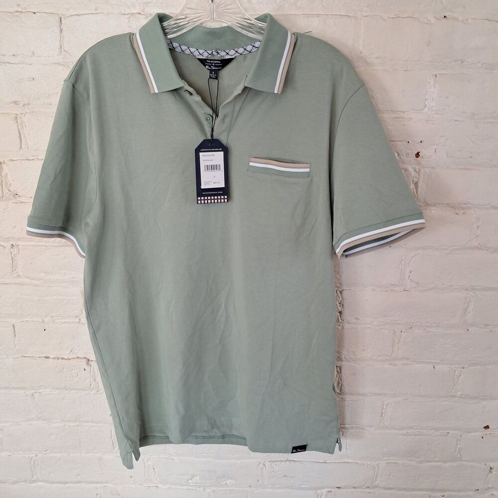 Ben Sherman Sage Green Polo Size Small NWT Pocket White And Tan Striped Collar